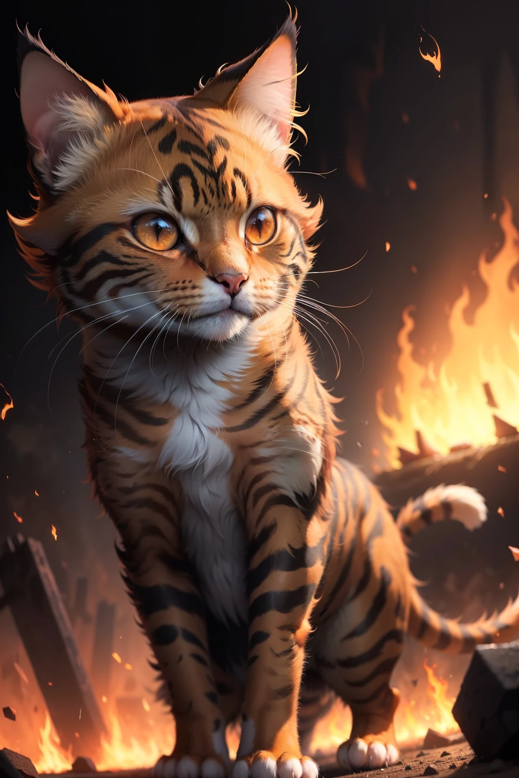 Fiery Feline in a Frenzied Assault
In the heart of the chaos, a spectacle unfolds. A burnished cat, engulfed by flames, unleashes a fierce assault. Its fur, usually soft and sleek, is now a blazing inferno, a testament to its ferocious energy. Eyes glowing like embers, this cat seems less a beast of the night, and more a creature born of the flames themselves. People around scamper, hearts pounding, as the cat, with every swipe of its paw and leap, unleashes a flurry of fiery sparks. A sight both terrifying and awe-in