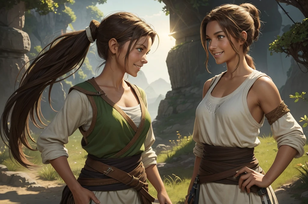 A woman of average height, with sun-tanned skin and light brown hair tied in a ponytail. Her green eyes shine with determination, and she almost always has a friendly smile on her face. She wears simple, comfortable clothes, often stained with dirt. (digital art, fantasy art, RPG art)