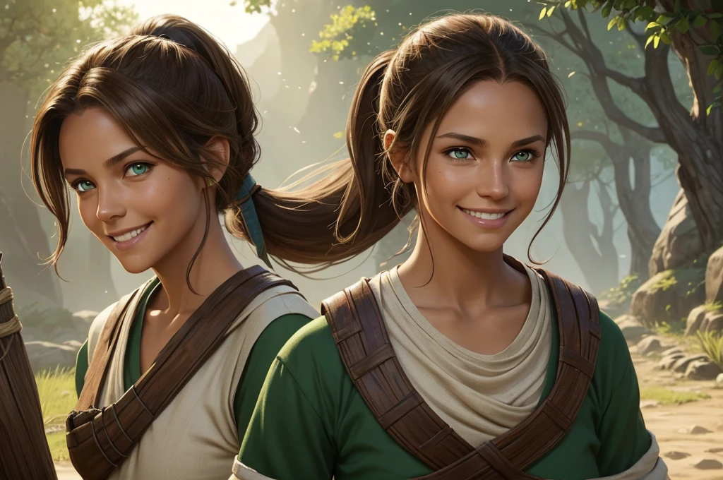 A woman of average height, with sun-tanned skin and light brown hair tied in a ponytail. Her green eyes shine with determination, and she almost always has a friendly smile on her face. She wears simple, comfortable clothes, often stained with dirt. (digital art, fantasy art, RPG art)