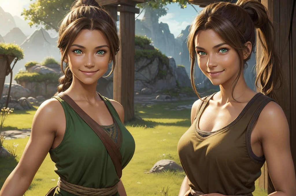 A woman of average height, with sun-tanned skin and light brown hair tied in a ponytail. Her green eyes shine with determination, and she almost always has a friendly smile on her face. She wears simple, comfortable clothes, often stained with dirt. (digital art, fantasy art, RPG art)
