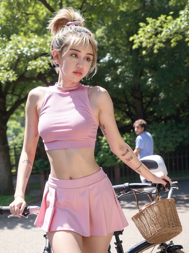 Miley Cyrus, beautiful, wearing a fake pink plaid skirt bikini, posing super sexy, bonsai garden