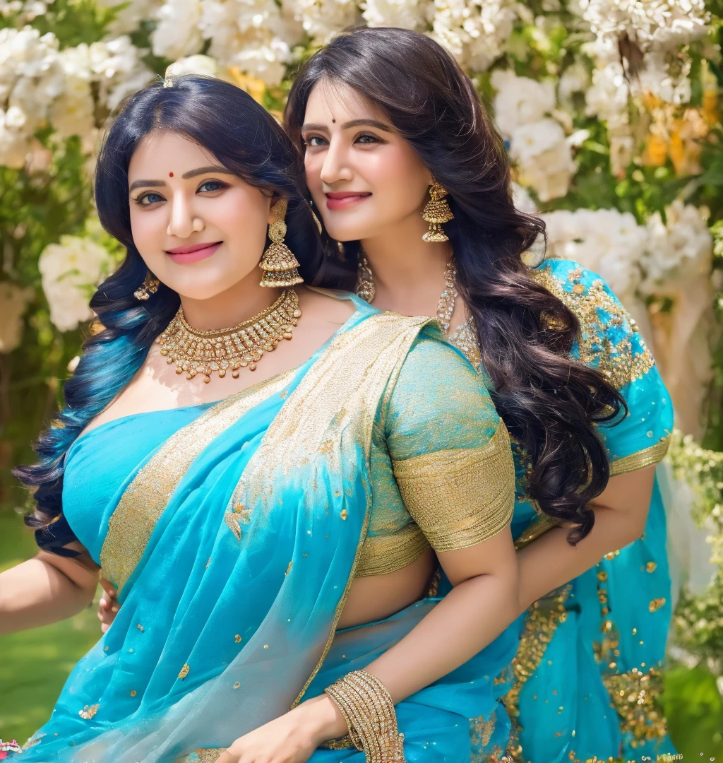 Indian bbw fat cute model 45 years old marriage women life like, high - resolution bbw women with a perfect figure Super fine face and eyes, slong hair, small Tank top White Colour saree, blue Colour Border Saree, Wearing a traditional saree, bulky figure, huge big extra large and , full chubby body, looking front, fair complexion, pond backgrounds. Hung breast, Plus size chubby model, 4k, 8k,