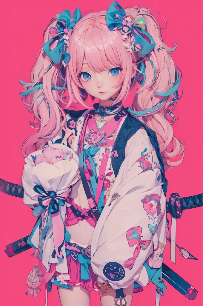 Anime girl with pink hair and blue eyes holding two swords, Decora style illustrations, Anime illustration, Anime Graphic Illustration, soft Anime illustration, Anime-style illustrations, digital Anime illustration, Anime fantasy illustration, Dreamy psychedelic anime, Beautiful and detailed anime art, Cute and detailed digital art, Digital art on pixiv, Cute and detailed artwork, Anime Style 4k, Anime-style artwork