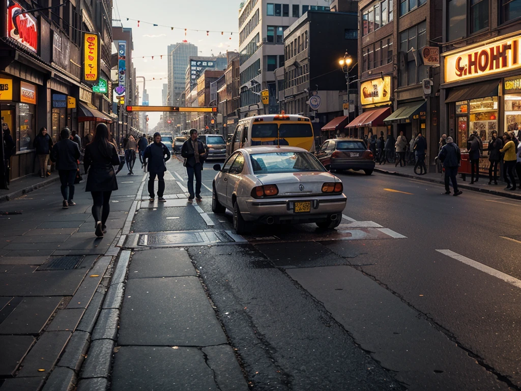 A bustling city street, with cars honking and people rushing past, is the main subject of this vivid depiction. The vivid scene captures the energy and chaos of urban life, with towering buildings casting long shadows and neon signs illuminating the crowded sidewalks. The image appears to be a hyper-realistic painting, showcasing the vibrant colors and dynamic composition that bring the scene to life. Every detail is meticulously rendered, from the cracked pavement to the flickering streetlights, creating a sense of depth and realism that draws the viewer in. The overall quality of the image is exceptional, with a level of detail that makes it hard to distinguish from a photograph.