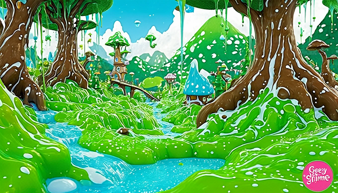 Create an imaginative scene of a wonderland where everything is slimy and slippery. Picture the fantastical landscape with gooey hills, slippery trees, and whimsical creatures made of slime. The artwork should capture the whimsical and slimy charm of a wonderland full of imagination and fun.