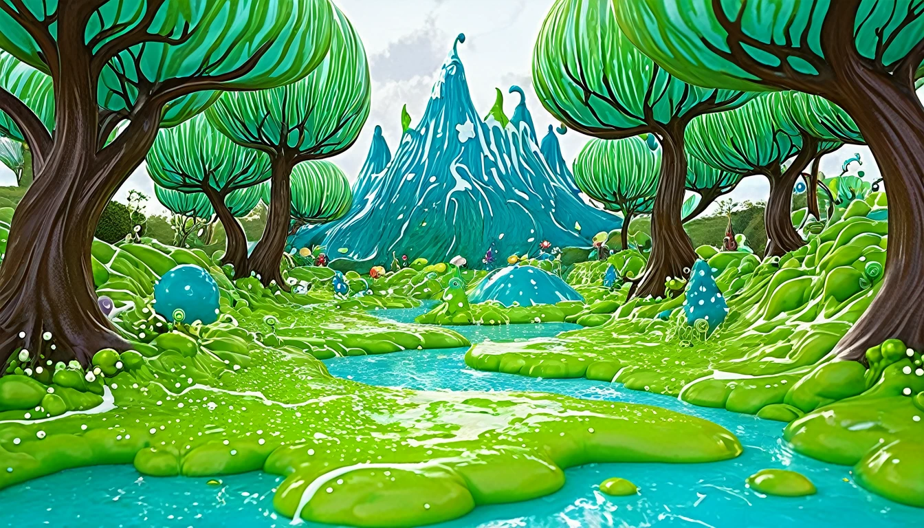 Create an imaginative scene of a wonderland where everything is slimy and slippery. Picture the fantastical landscape with gooey hills, slippery trees, and whimsical creatures made of slime. The artwork should capture the whimsical and slimy charm of a wonderland full of imagination and fun.
