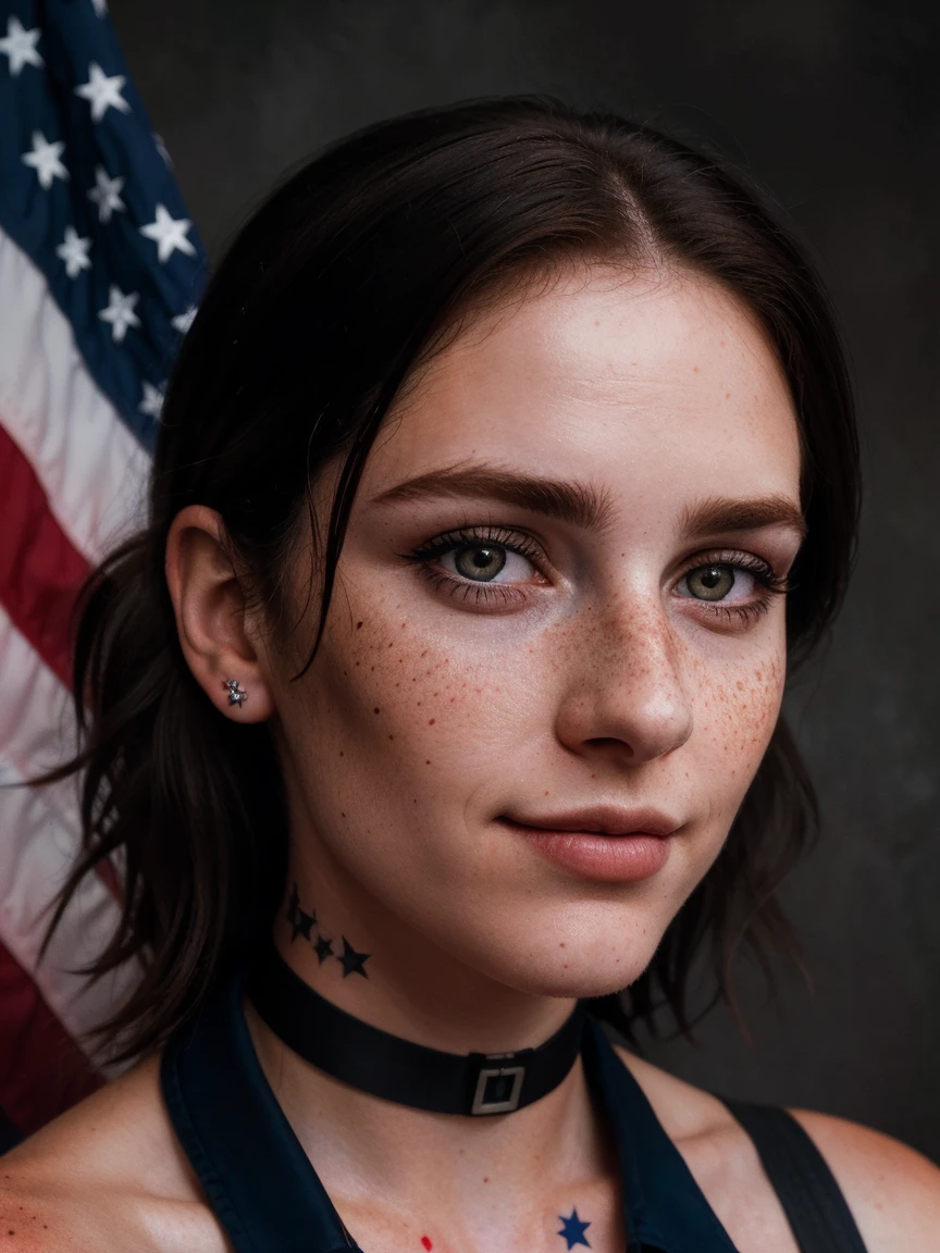 photo, rule of thirds, dramatic lighting, medium hair, detailed face, detailed nose, Woman with American flag painted on her face (Independence Day), freckles, collar or choker, perfect detailed hand, smile, tattoo, complex background, realism , realistic, rough, analog, woman, portrait, photorealistic, analog, realism, independence day photo background