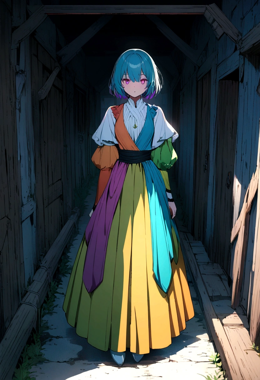 anime girl with intense and unique colors and clothing in a strange location