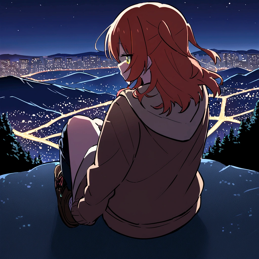 Kita Ikuyo, POV back view, Hoodie, full body, at the mountain with city night background 