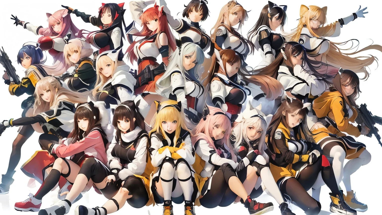 Anime characters posing for a group photo on a white background, Girls' Frontline style, Girls' Frontline universe, everyone, Girls' Frontline, from Girls' Frontline, Azur Lane Characters, from Arknights, Girls' Frontline cg, Arknights, From Bravely Default II, Fine details. Girls' Frontline, Light novel cover, Popular Isekai Anime, Kantai Collection Style, Blue clothes