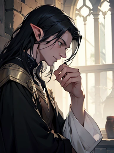 Fantasy story style, A pale elven man with a thin face, slanted gray eyes, His hair is black and reaches down to his shoulders, His clothes are just a black blanket, it has a dark beauty to it.. Black Hair
