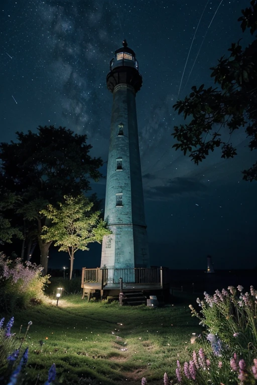 blue tree with lighthouses and fireflies, with flowers in a forest