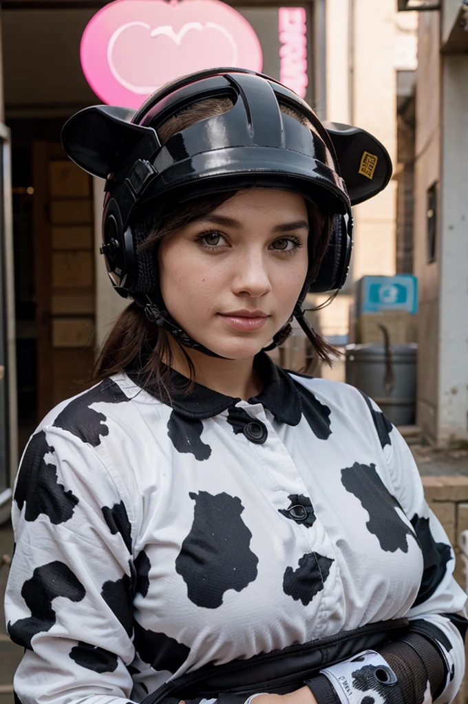 Cow wearing black helmet pick up a girl with pink helmet