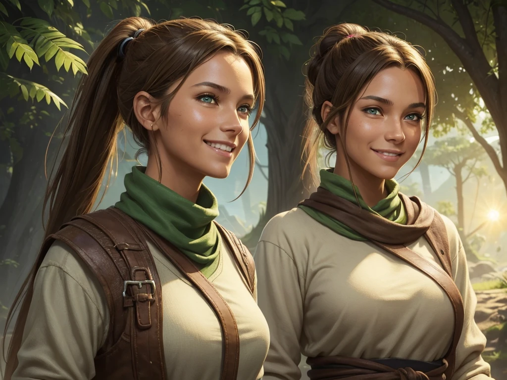 A woman of average height, with sun-tanned skin and light brown hair tied in a ponytail. Her green eyes shine with determination, and she almost always has a friendly smile on her face. She wears simple, comfortable clothes, often stained with dirt. (digital art, fantasy art, RPG art)