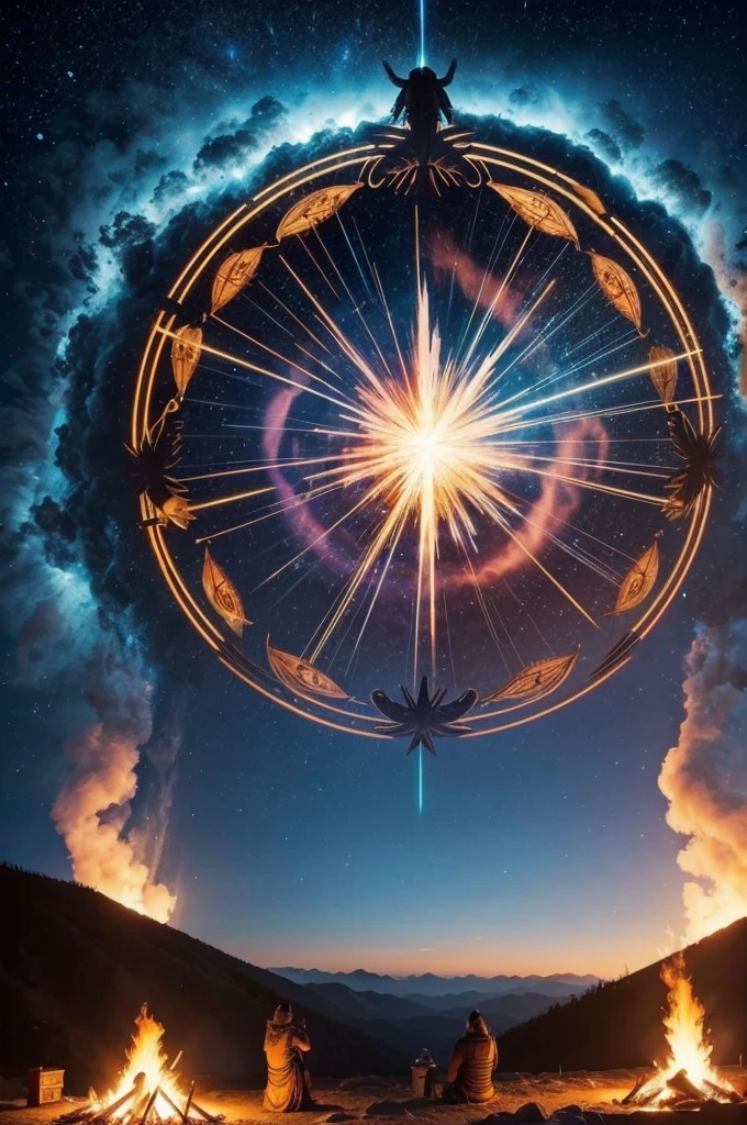 Bonfire on top of the mountain, angle from above, chiefs and shamans around, spirit of mother Gaia in the sky, eagles, shooting star waterfalls