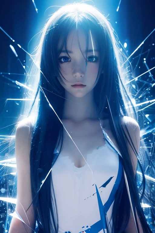 (anime),(cute)(masterpiece), (Highest quality),One girl,Upper Body,(Double exposure:1.2),(Simple Background:1),Bold、clear、Cobalt、 (Movie angle),(Dynamic Angle),Disheveled long hair,(Low contrast),(Flat Color:0.7)