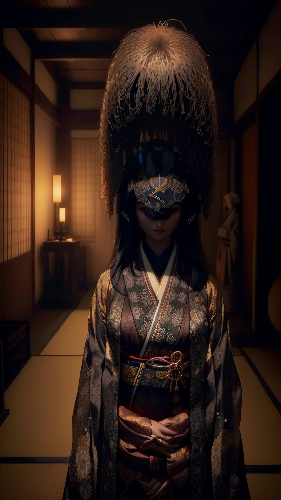 Arabian woman in kimono standing in a room with candles, Japanese horror, Japanese horror movie footage, PS5 Cinematic Screen Capture, Japan. Volumetric lighting, hints of yayoi kasuma, Japonism 3d 8k ultra detailed, akihiko yoshida. Unreal Engine, Works inspired by Kano Hogai, Japanese cgi