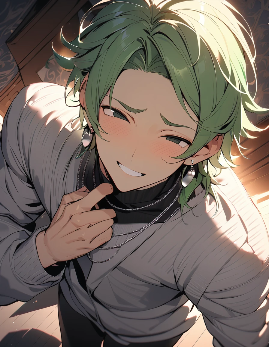 (((((best masterpiece, best quality, wallpaper,)))) solo, Masculinity, cruel man, guy, male body, small muscles, flat chest, 1male, 30 years old, handsome man, dramatic angle, upper body, looking at viewers, beautiful detailed, finger to mouth, ((Green hair,)) ((((Lower short ponytail)))), asymmetrical bangs, ((short hair,)) seductive smile, ((((closed eyes, ^o^, tareme, droopy eyes,))) perfect face, sharp nose, seductive smile, clear face, black turtleneck, grey cardigan, ((silver earrings, silver necklace,)) leggings, color ultrasharp, 8K, masterpiece,
