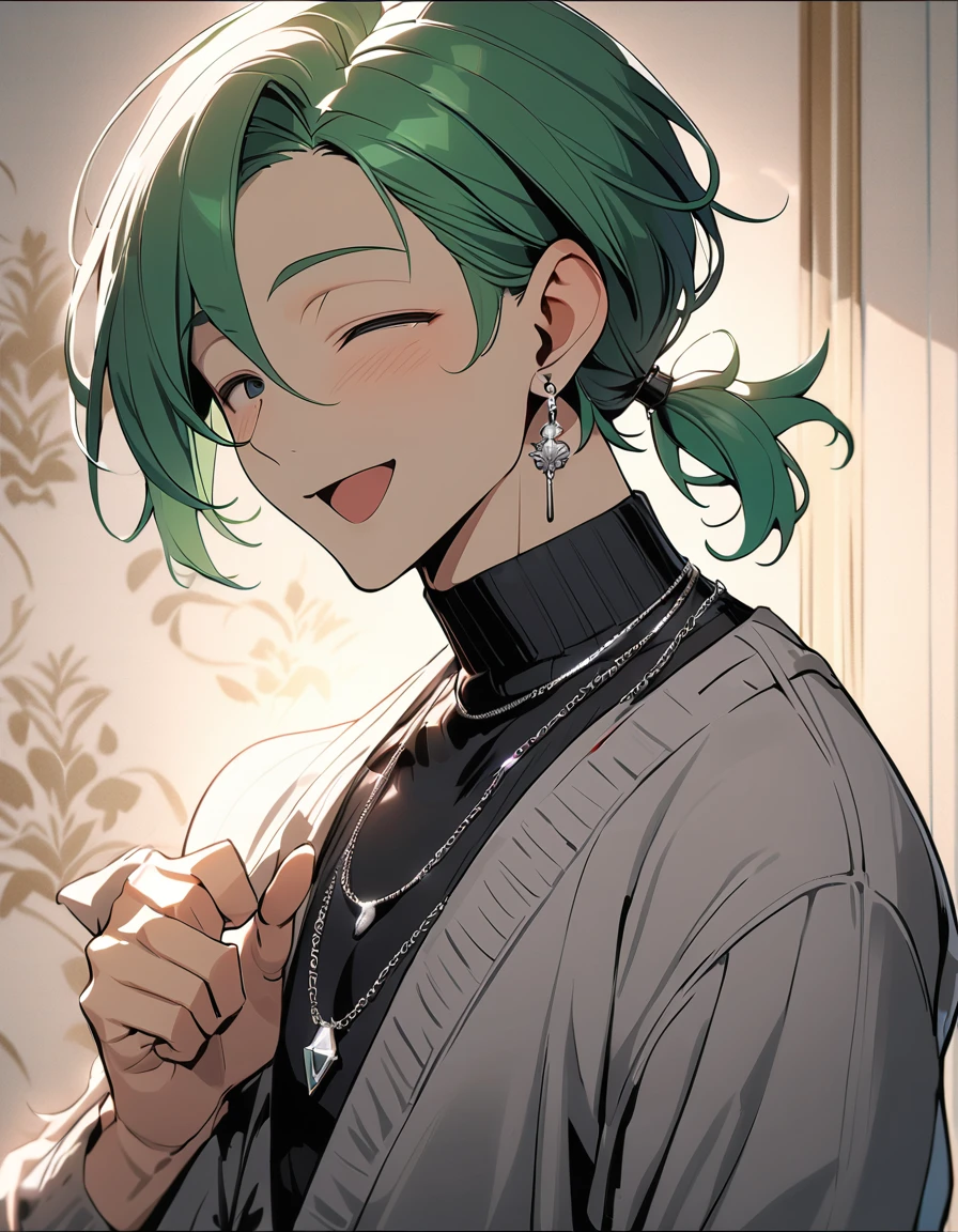 (((((best masterpiece, best quality, wallpaper,)))) solo, Masculinity, cruel man, guy, male body, small muscles, flat chest, 1male, 30 years old, handsome man, dramatic angle, upper body, looking at viewers, beautiful detailed, finger to mouth, ((Green hair,)) ((((Lower short ponytail)))), asymmetrical bangs, ((short hair,)) seductive smile, ((((closed eyes, ^o^, tareme, droopy eyes,))) perfect face, sharp nose, seductive smile, clear face, black turtleneck, grey cardigan, ((silver earrings, silver necklace,)) leggings, color ultrasharp, 8K, masterpiece,
