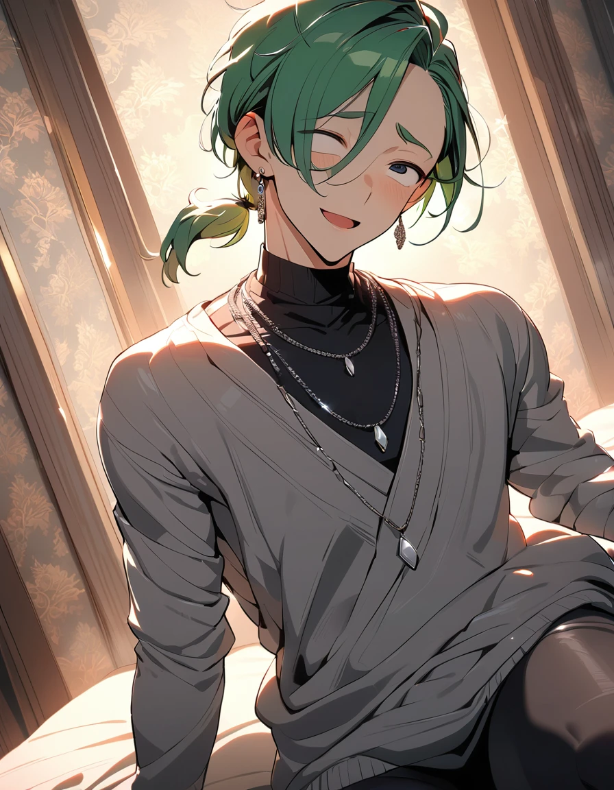 (((((best masterpiece, best quality, wallpaper,)))) solo, Masculinity, cruel man, guy, male body, small muscles, flat chest, 1male, 30 years old, handsome man, dramatic angle, upper body, looking at viewers, beautiful detailed, finger to mouth, ((Green hair,)) ((((Lower short ponytail)))), asymmetrical bangs, ((short hair,)) seductive smile, ((((closed eyes, ^o^, tareme, droopy eyes,))) perfect face, sharp nose, seductive smile, clear face, black turtleneck, grey cardigan, ((silver earrings, silver necklace,)) leggings, color ultrasharp, 8K, masterpiece,