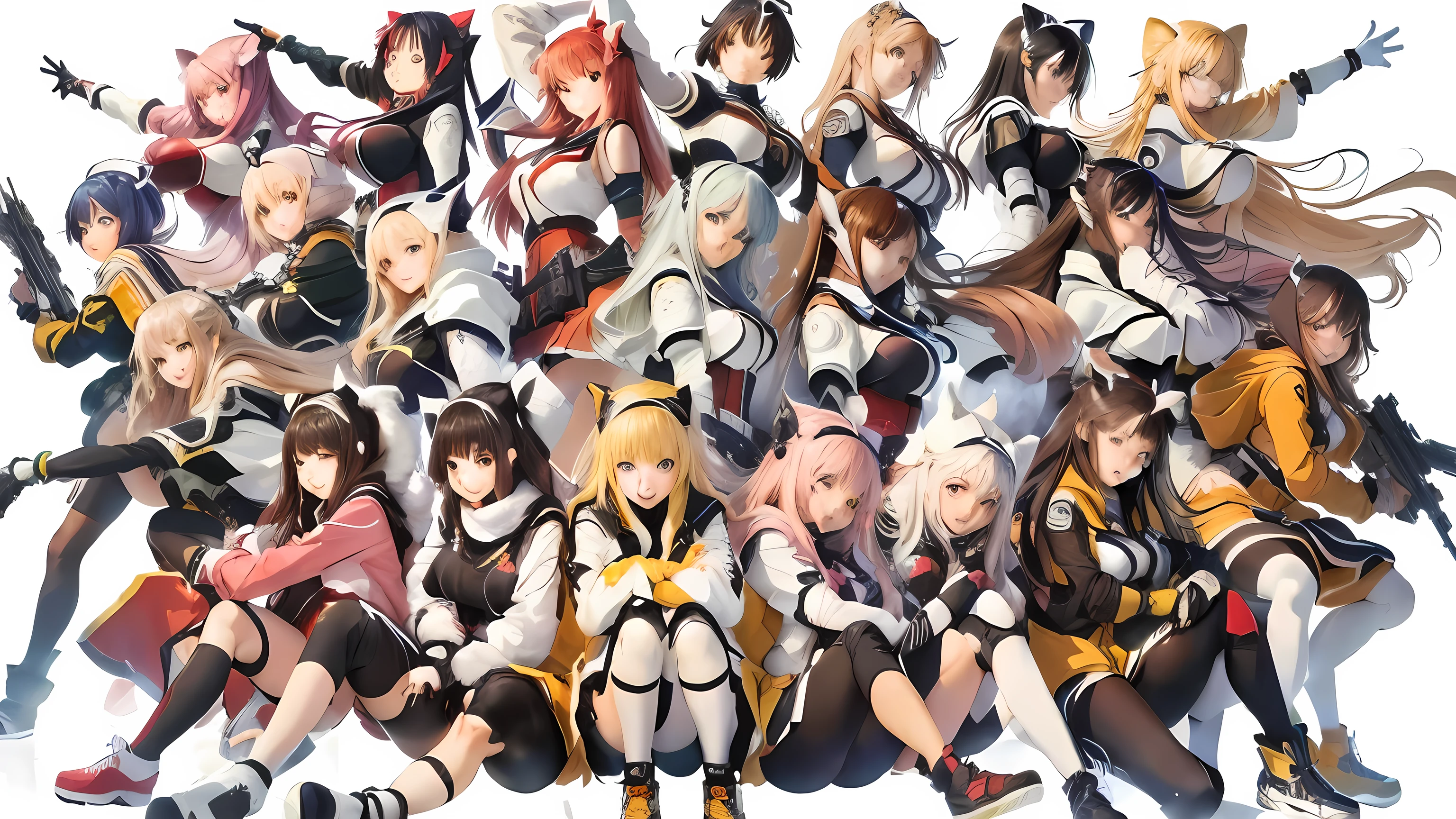Anime characters posing for a group photo on a white background, Girls&#39; Frontline style, Girls&#39; Frontline universe, everyone, Girls&#39; Frontline, from Girls&#39; Frontline, Azur Lane Characters, from Arknights, Girls&#39; Frontline cg, Arknights, From Bravely Default II, Fine details. Girls&#39; Frontline, Light novel cover, Popular Isekai Anime, Kantai Collection Style, Blue clothes