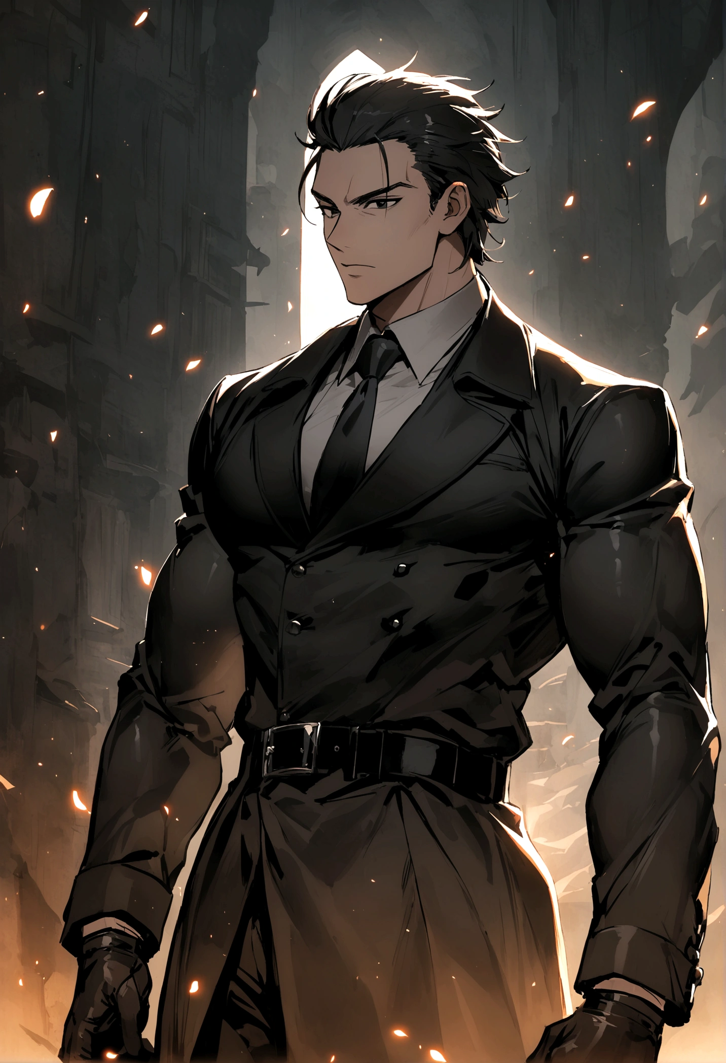 masculine man, high , muscular , with full black suit and open black trench coat , short black hair combed back and black eyes , black belt and black gloves ,Delgado