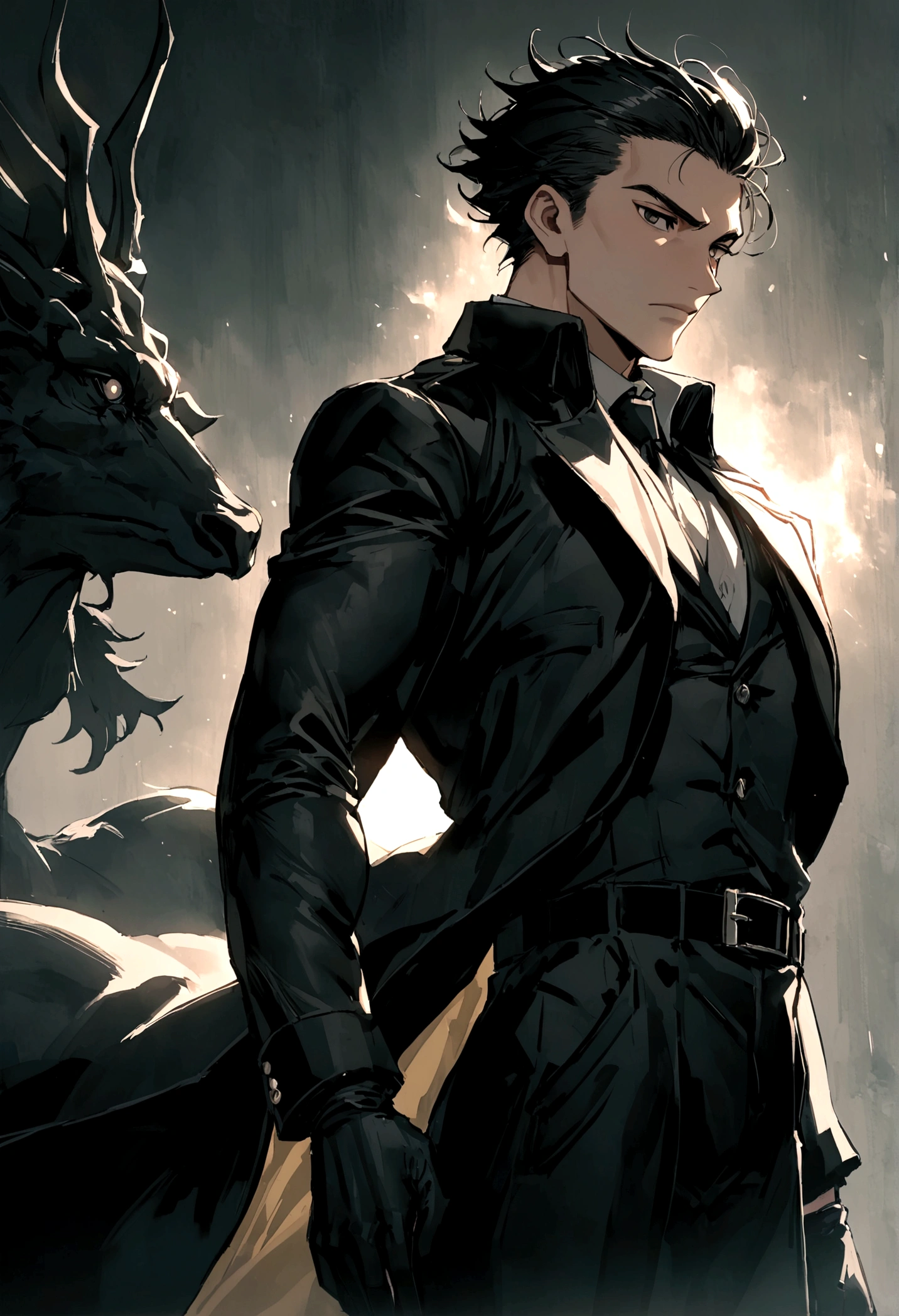 masculine man, high , muscular , with full black suit and open black trench coat , short black hair combed back and black eyes , black belt and black gloves ,Delgado