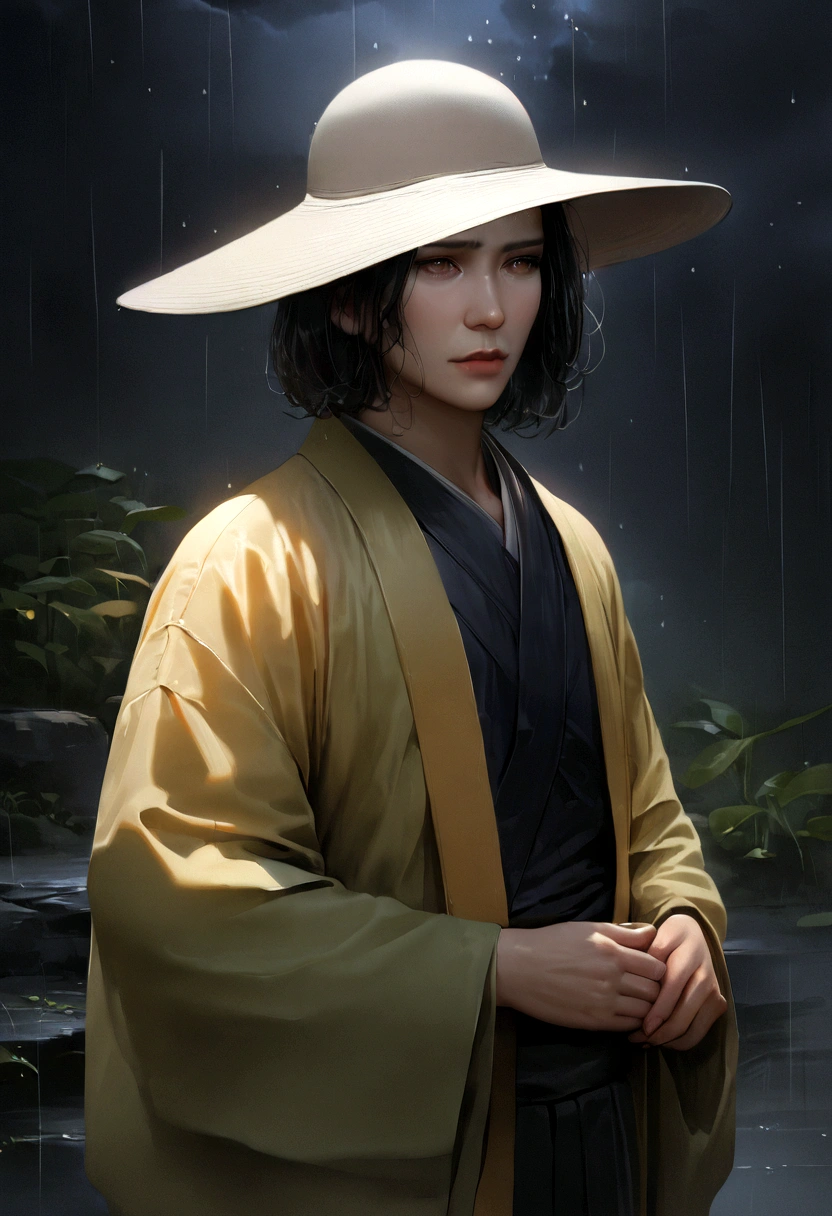 (highres, realistic, 4k, ultra-detailed, masterpiece:1.2),cowboy shot (no hat:1.5), 1 boy, glowing green eyes, black hair, ((bob hair)), KImono, Japanese clothes, fox mask, ((in the night)), rainy sky, dramatic lighting, silent lonliness, vivid colors, enchanting beauty, sad, depressed