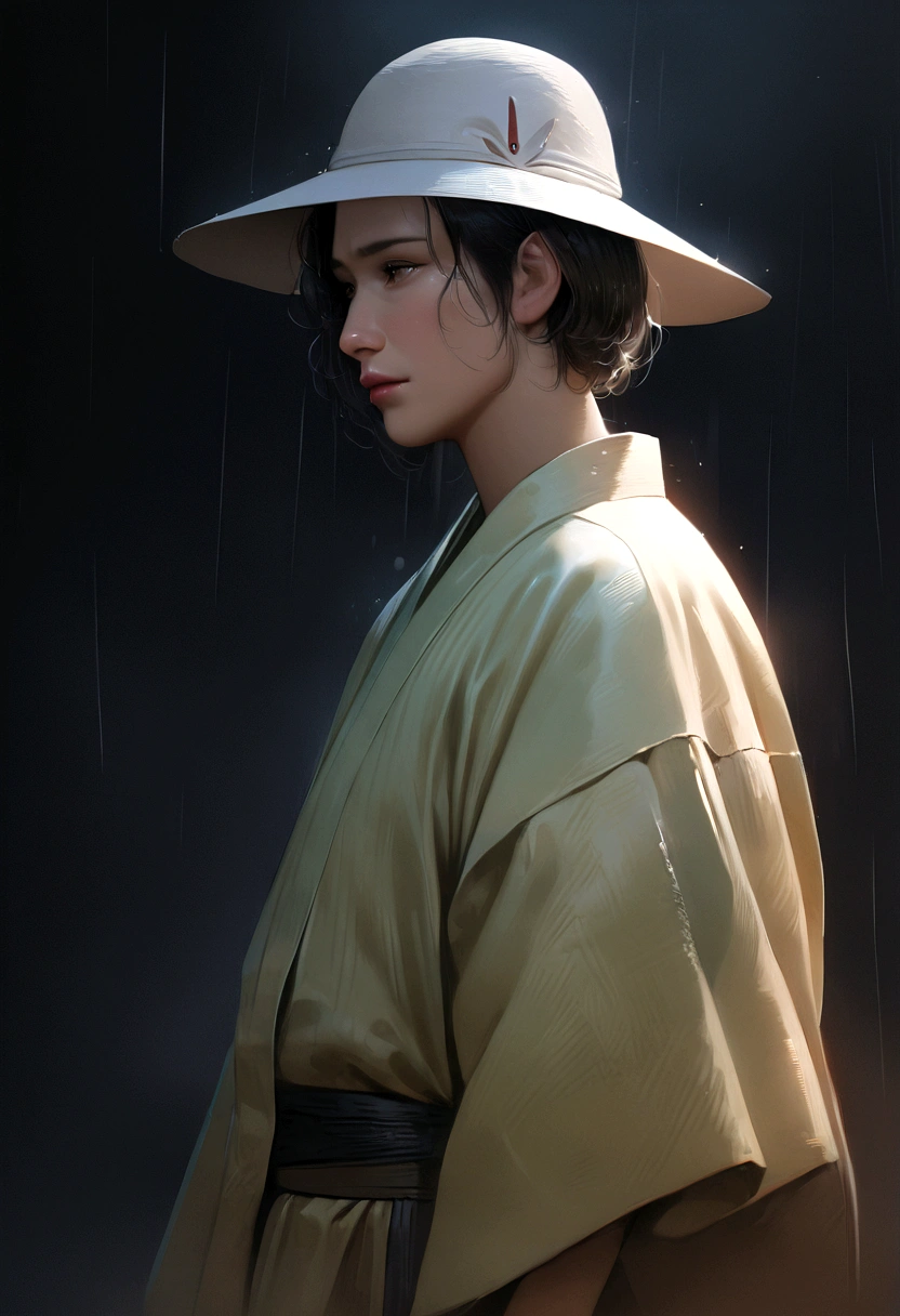 (highres, realistic, 4k, ultra-detailed, masterpiece:1.2),cowboy shot (no hat:1.5), 1 boy, glowing green eyes, black hair, ((bob hair)), KImono, Japanese clothes, fox mask, ((in the night)), rainy sky, dramatic lighting, silent lonliness, vivid colors, enchanting beauty, sad, depressed