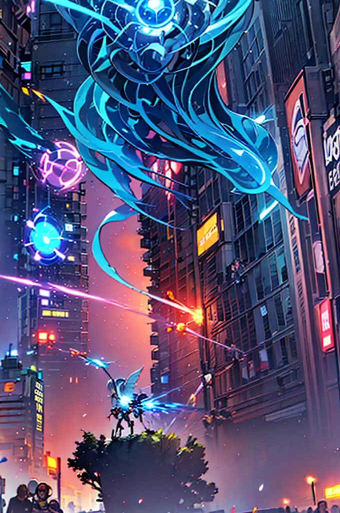 fights between 2 very beautiful age girls, one an angel and the other a demon with divine weapons in the shape of flute musical instruments, harp in a futuristic city in view of many people who record them