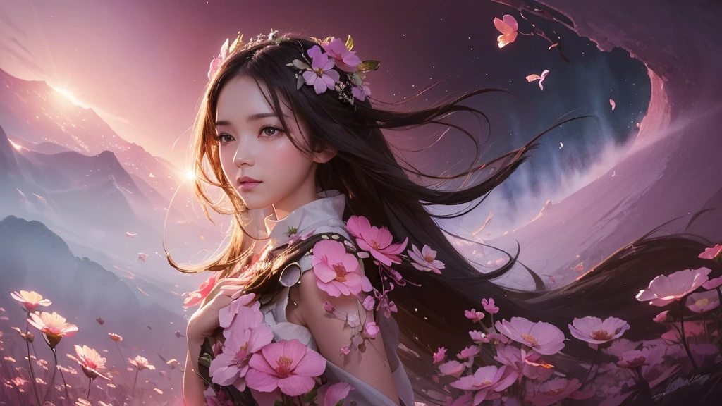 32k, Masterpiece, Highest quality, One girl, Detailed eyes, flower,Sandersonia, Pink and brown style,A dreamy, romantic piece,Pale pink, Mysterious Leaves,A playful arrangement,Fantasy,High Contrast,Ink strokes,explosion,Exposure, Impression of pink and brown tones,Abstract,((Watercolours by John Berkey and Jeremy Mann )) Brush strokes,Negative Space, Tyndall effect,