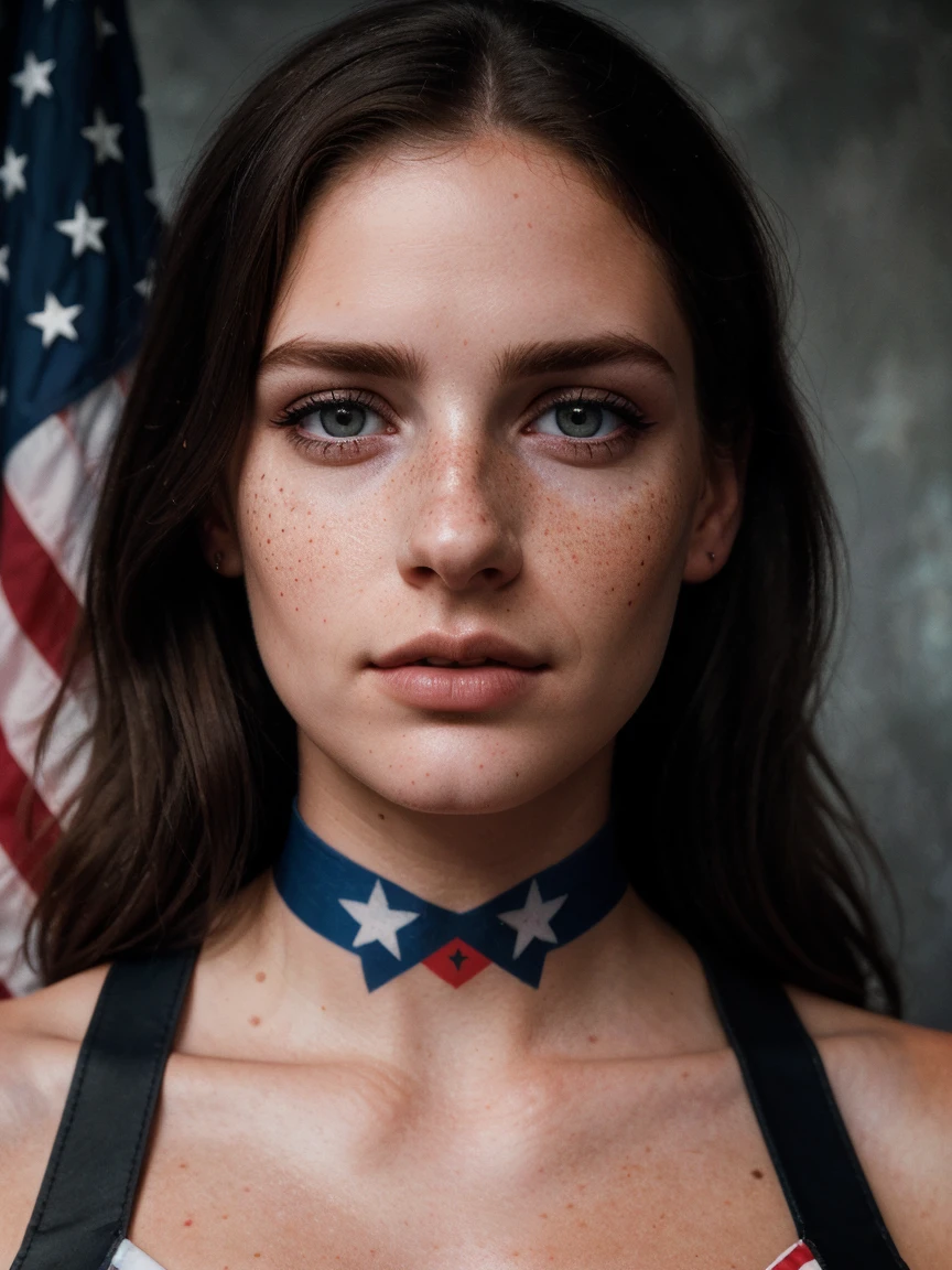 photo, rule of thirds, dramatic lighting, medium hair, detailed face, detailed nose, Woman with American flag painted on her face (Independence Day), freckles, collar or choker, perfect detailed hand tattoo, complex background, realism , realistic, rough, analog, woman, portrait, photorealistic, analog, realism, independence day photo background