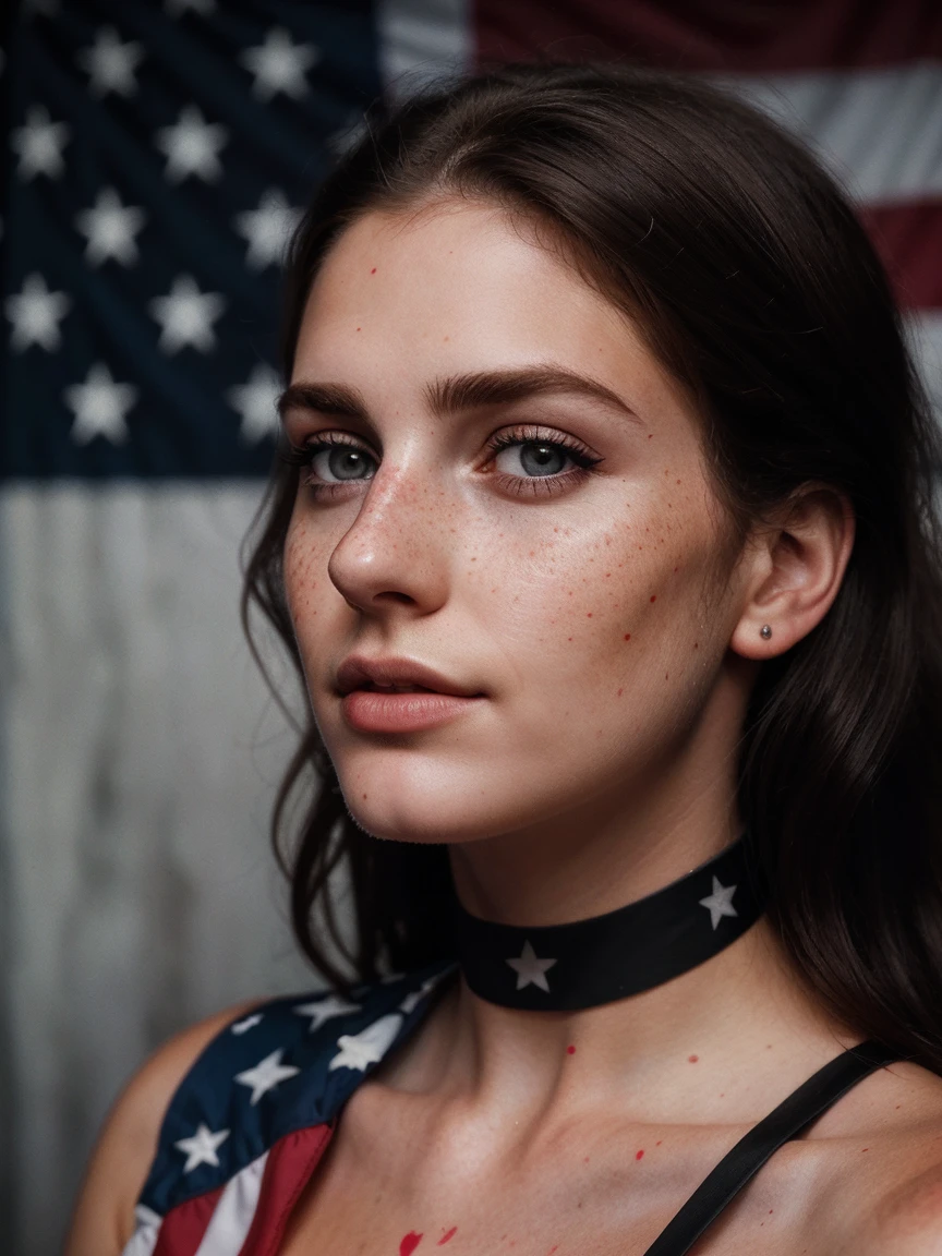 photo, rule of thirds, dramatic lighting, medium hair, detailed face, detailed nose, Woman with American flag painted on her face (Independence Day), freckles, collar or choker, perfect detailed hand tattoo, complex background, realism , realistic, rough, analog, woman, portrait, photorealistic, analog, realism, independence day photo background