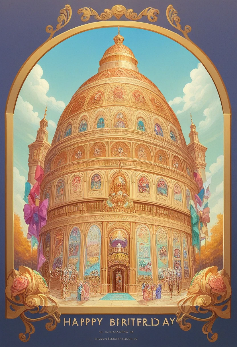 A mesmerizing and fantastical 3D rendering of an opulent birthday celebration. The focal point of the scene is an enchanting arrangement of blood red and gold balloons, intricately tied with a lustrous satin ribbon. Surrounding the balloons are exquisitely wrapped azul, white, and gold gifts. At the center of the scene stands a breathtaking three-tier birthday cake, adorned with shimmering azul and gold 3D text "Feliz Cumple Angeles" in icing. The cake is further enhanced with diamond stones, golden globes, and a touch of femininity with additional golden globes. The background features a subtle black and gold gradient, seamlessly blending with the overall presentation and creating a visually captivating scene. This extraordinary, cinematic, ukiyo-e, 3d render, conceptual art, fashion, vibrant, anime, product, architecture, poster, photo, dark fantasy, typography, illustration, painting