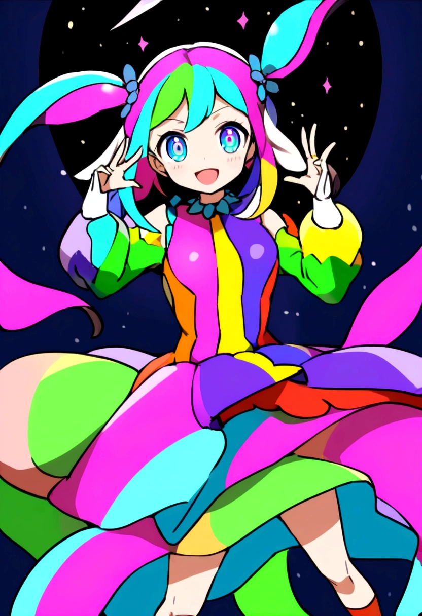 anime girl in a randomly colored space wearing weird clothes and strange colors