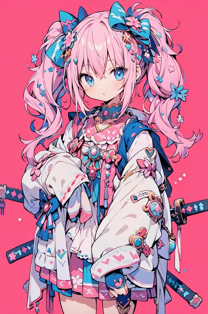 Anime girl with pink hair and blue eyes holding two swords, Decora style illustrations, Anime illustration, Anime Graphic Illustration, soft Anime illustration, Anime-style illustrations, digital Anime illustration, Anime fantasy illustration, Dreamy psychedelic anime, Beautiful and detailed anime art, Cute and detailed digital art, Digital art on pixiv, Cute and detailed artwork, Anime Style 4k, Anime-style artwork