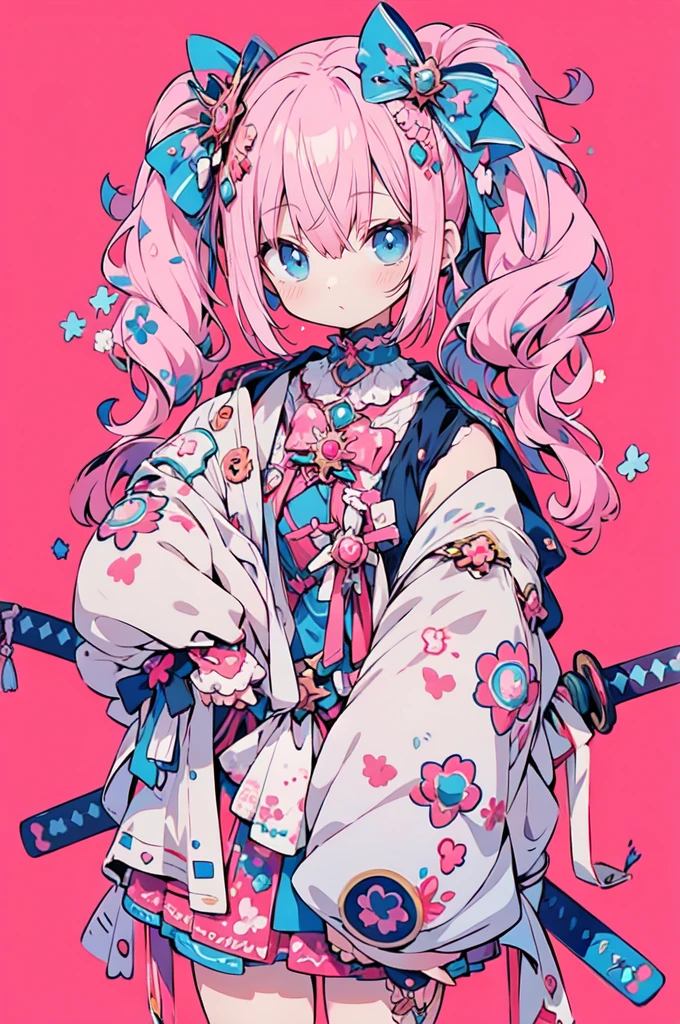 Anime girl with pink hair and blue eyes holding two swords, Decora style illustrations, Anime illustration, Anime Graphic Illustration, soft Anime illustration, Anime-style illustrations, digital Anime illustration, Anime fantasy illustration, Dreamy psychedelic anime, Beautiful and detailed anime art, Cute and detailed digital art, Digital art on pixiv, Cute and detailed artwork, Anime Style 4k, Anime-style artwork