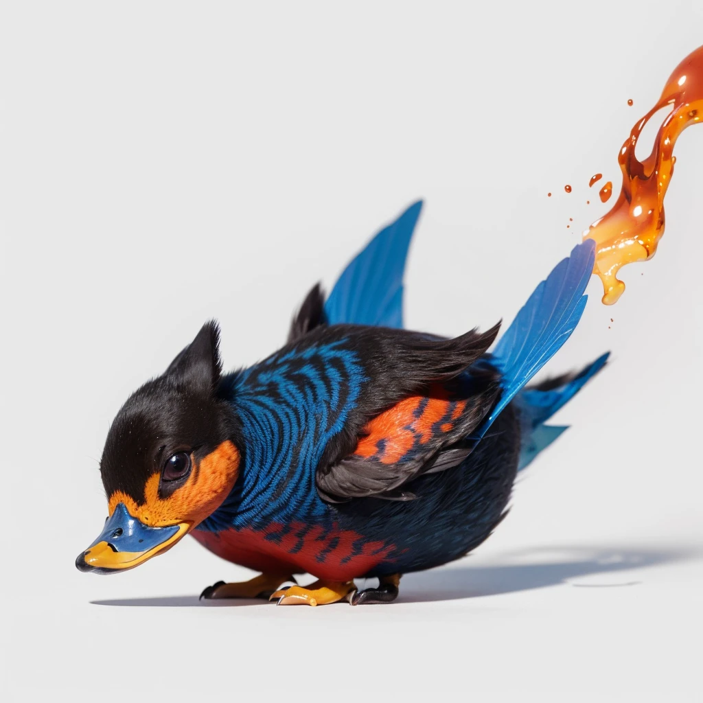 Small Animaly, generate duck mixed with lava, has blue stripes on his skin, white eyes, Grassroots, no background