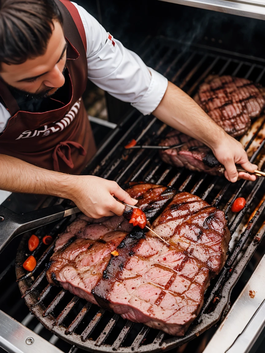 View from above of a chef placing a juicy meat on the grill. Smoke rises while seasoning with spices.