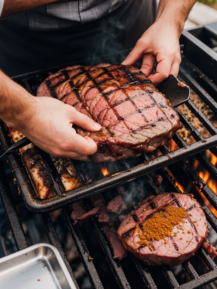 View from above of a chef placing a juicy meat on the grill. Smoke rises while seasoning with spices.