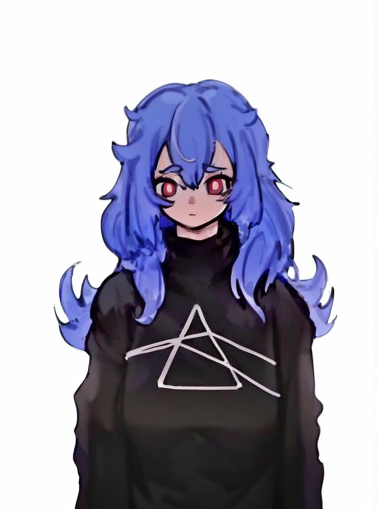 (masterpiece), (best quality), sharp focuse, (character design sheet, same character, full body, side, back), illustration, (detailed hair, detailed face, detailed body structure), ((1 woman, solo)), perfect feminine face, pose zitai, detailed design character, medium length blue hair, long fringe hairstyle, ((red eyes, beautiful shapes of eyes)), large black sweatshirt, black thigh highs, (simple background, white background: 1.3)