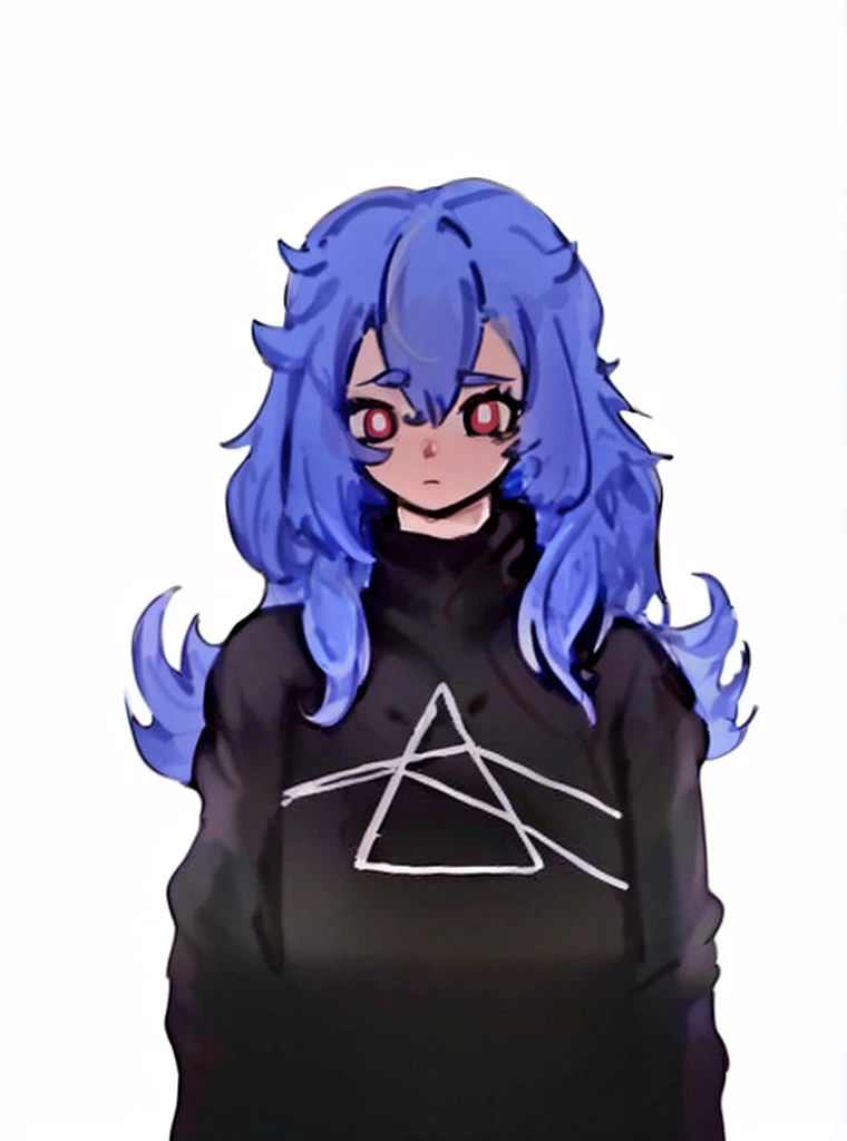 (masterpiece), (best quality), sharp focuse, (character design sheet, same character, full body, side, back), illustration, (detailed hair, detailed face, detailed body structure), ((1 woman, solo)), perfect feminine face, pose zitai, detailed design character, medium length blue hair, long fringe hairstyle, ((red eyes, beautiful shapes of eyes)), large black sweatshirt, black thigh highs, (simple background, white background: 1.3)