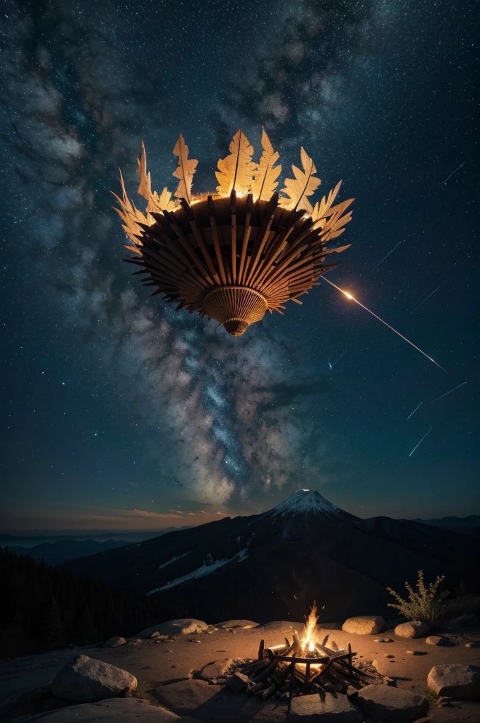 Bonfire on top of the mountain, angle from above, chiefs and shamans around, spirit of mother Gaia in the sky, eagles, shooting star waterfalls