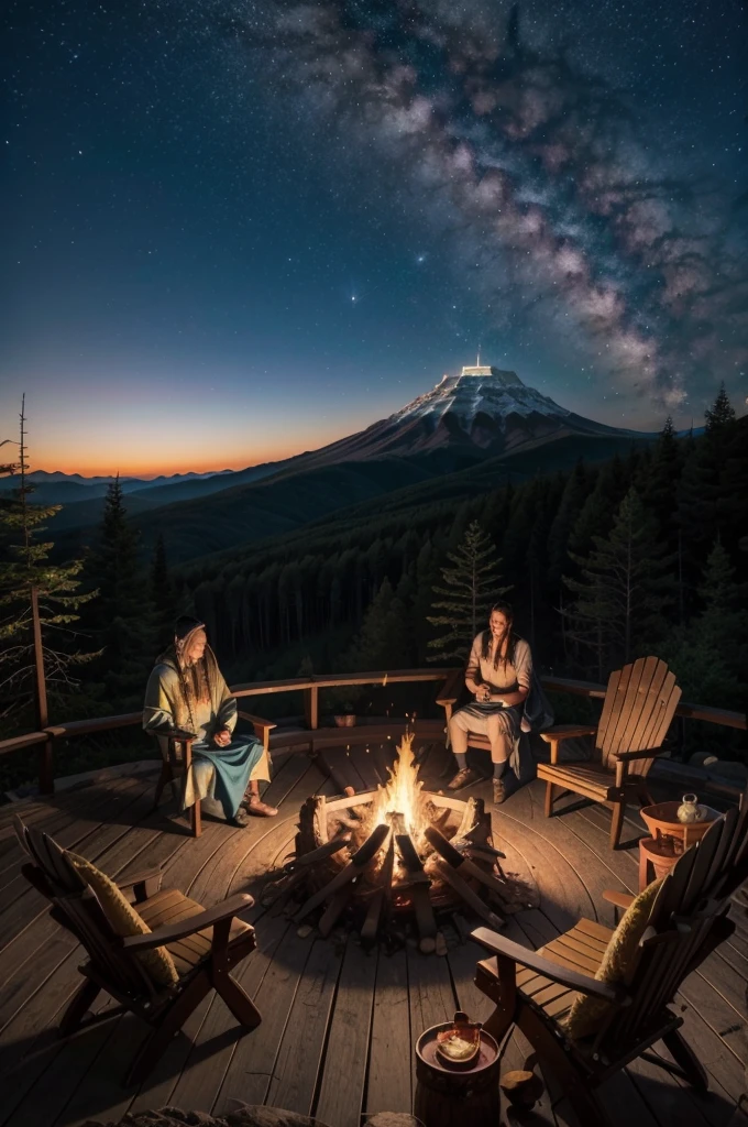 Bonfire on top of the mountain, angle from above, chiefs and shamans around, spirit of mother Gaia in the sky, eagles, shooting star waterfalls