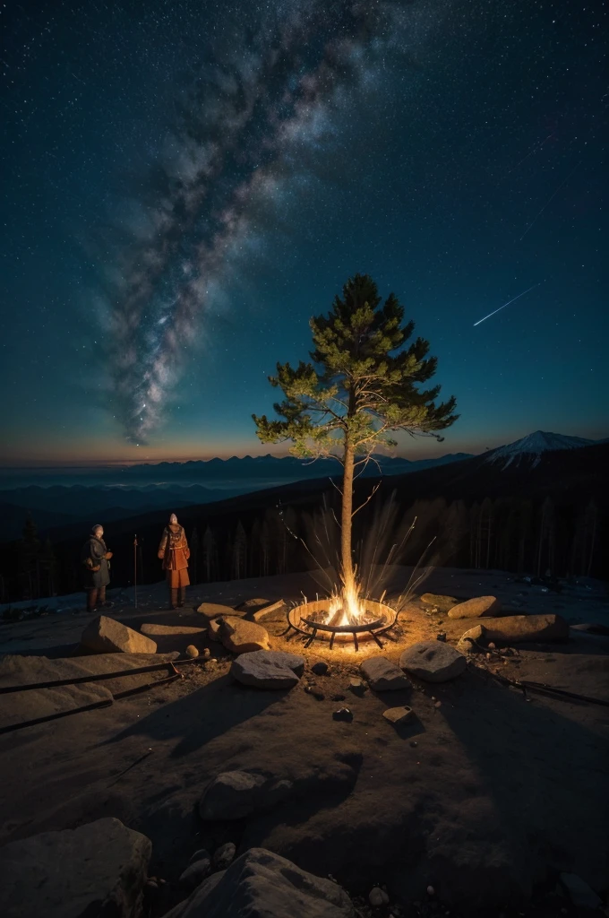 Bonfire on top of the mountain, angle from above, chiefs and shamans around, spirit of mother Gaia in the sky, eagles, shooting star waterfalls
