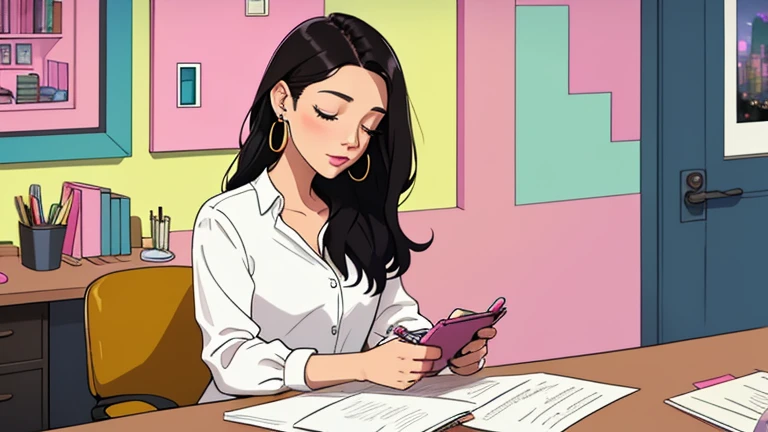 Beautiful dark-haired woman in her 30s sitting pink chair in an spacious and colorful office. looking down and closing her eyes, relaxed atmosphere, cozy, LOFI girl, alone in the room, white blouse, desk, documents, laptop, pen, watch, smartphone, stationery, wide glass window, only five fingers, New York, colorful, well-proportioned face, I can see skyscrapers outside the window, Colorful wall, pierced earrings, She is fashionable, ring, cabinet, In the background there are many desks and people