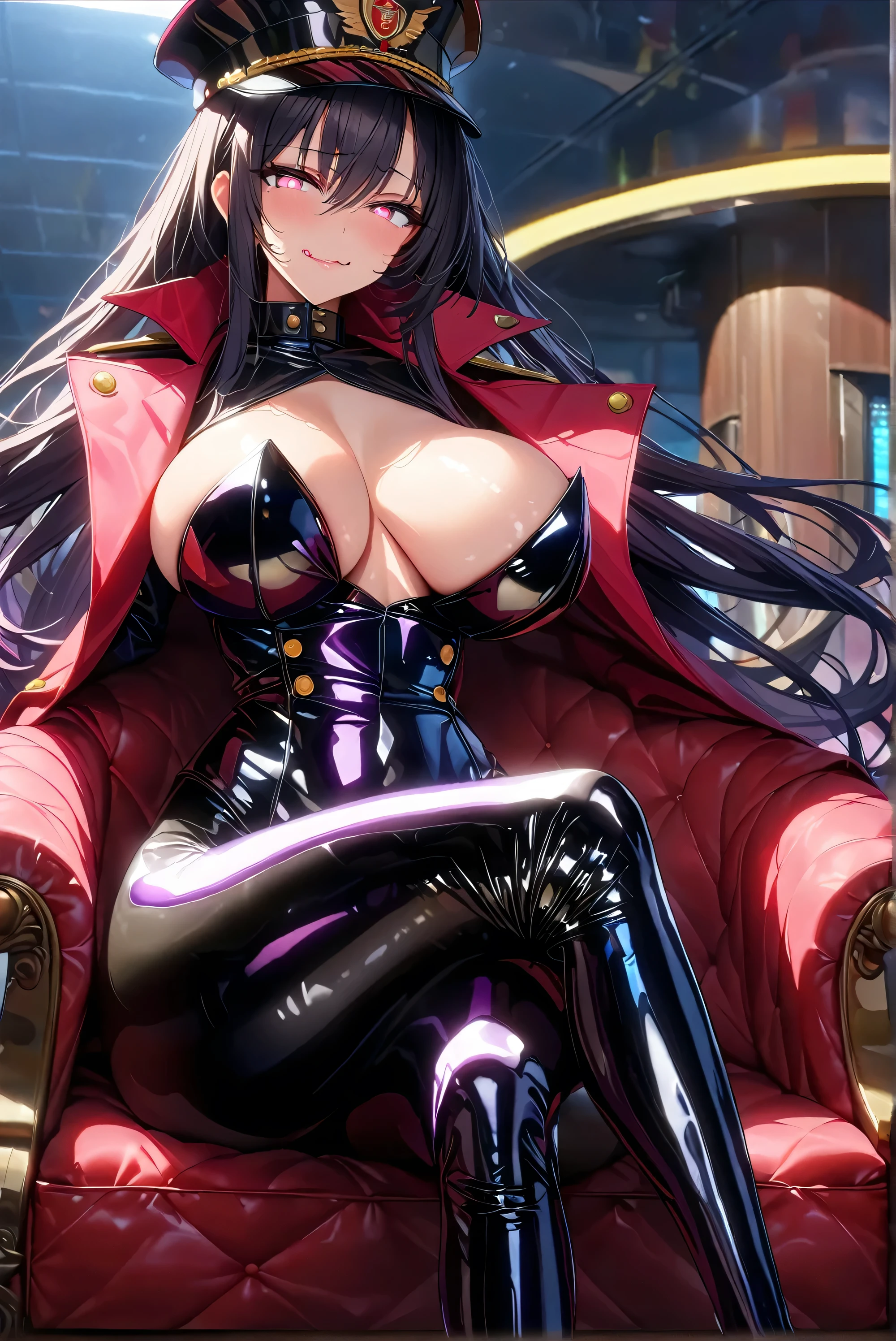 masterpiece, best quality, 1girl,black hair,long hair,glowing eyes, (finely detailed empty pupils and detailed face),,,,extremely detailed picture unity 8k wallpaper,solo,(latex military costume:0.9),large breasts,seductive smile,military hat,latex thighhigh,large breasts,black hair,pink eyes,black leotard,pantyhose,military coat,enamel suits,grossy lips,sitting,crossed legs