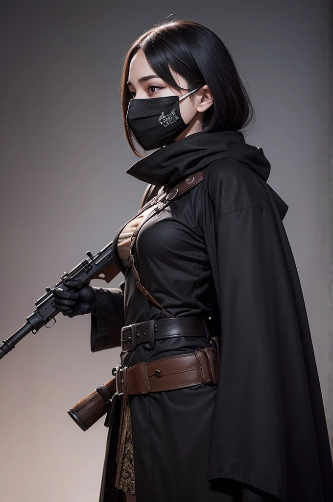A character from d&d female who is wearing a black mask that covers part of her face and on her back an old rifle
