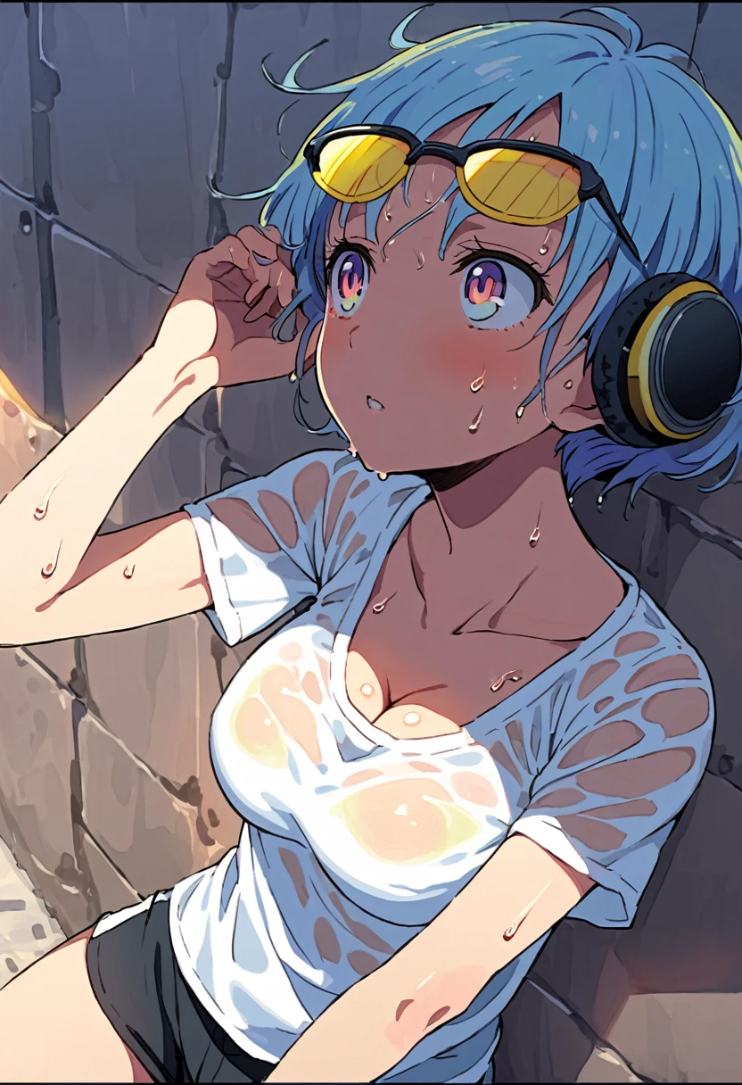 (watercolor:0.7), (pastel color:1.1), (pencil drawing:0.4), (beautiful and detailed face:1.1), kawaii girl, mid-summer, super hot day, sweaty, wet, (beautiful see through white T-shirt), sweat skin, black shorts, (super very short hair:1.3), (yellow glasses:1.3), underrim_metal, headphones, medium breasts, clavicle, cleavage, midriff, music_wave floating in the air, Intense sunlight, piercing sunlight, heat haze, lazy expression, dramatic lighting, lens flare, light diffusion, looking up, instreet, (wipe the sweat:1.2)