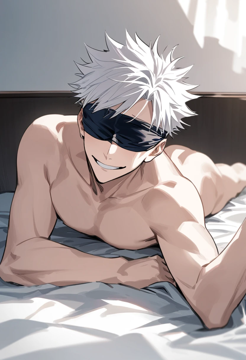Gojo Satoru from Jujutsu Kaisen,spiky white hair, cocky smile and with his blindfold around his eyes , with spiky white hair, blindfolded eyes and cocky smile, lying on a bed half naked